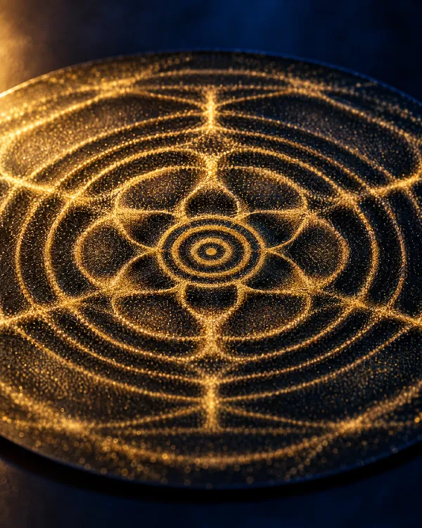 Golden sand forming a symmetrical resonance pattern on a vibrating plate