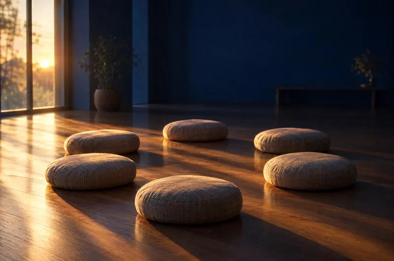 A circle of floor cushions in soft morning light