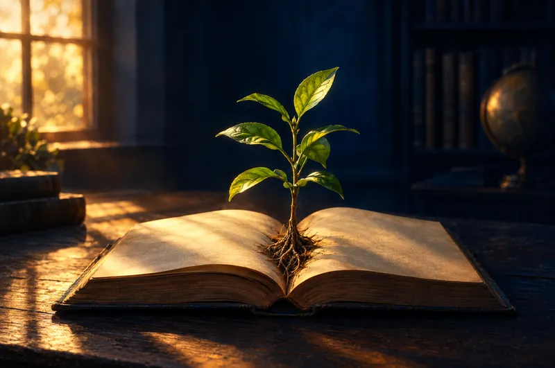 A sapling growing from the pages of an open book