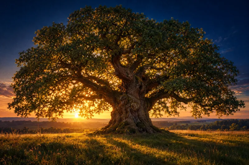 An ancient oak with a wide canopy at golden hour
