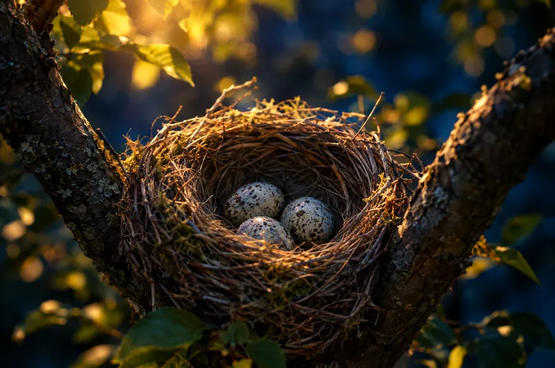 A bird's nest holding three eggs, cradled in branches