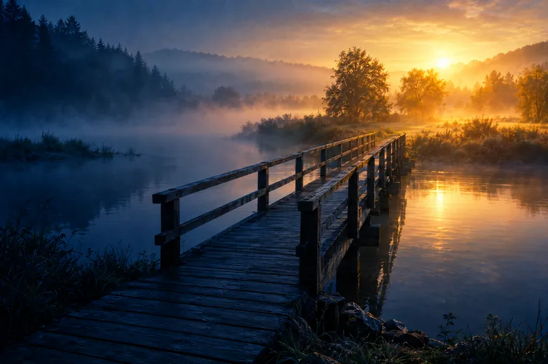 A wooden footbridge crossing a misty river toward sunrise