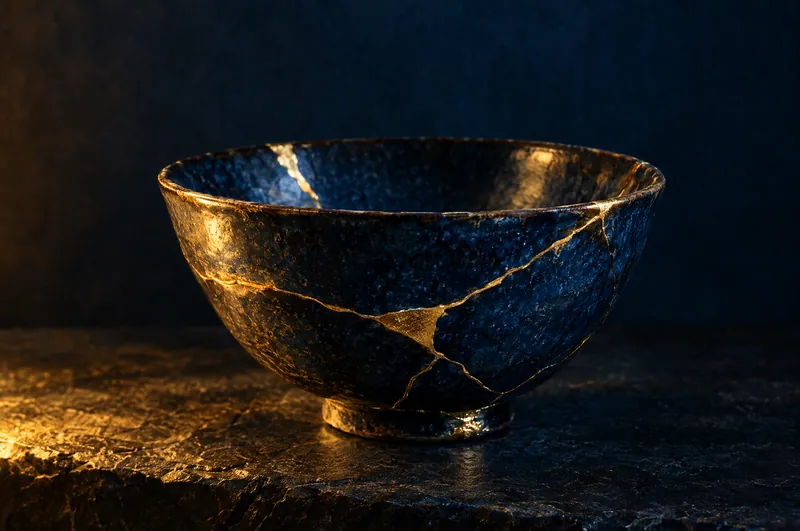 A ceramic bowl repaired with gold seams (kintsugi)